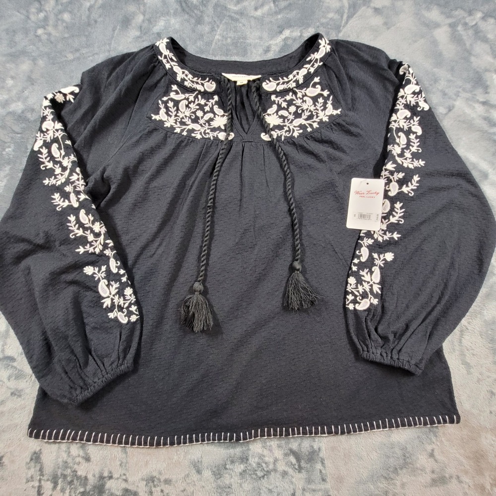 Lucky Brand Embroidered Peasant Blouse Black Tassel Boho Top XS‎ NEW
